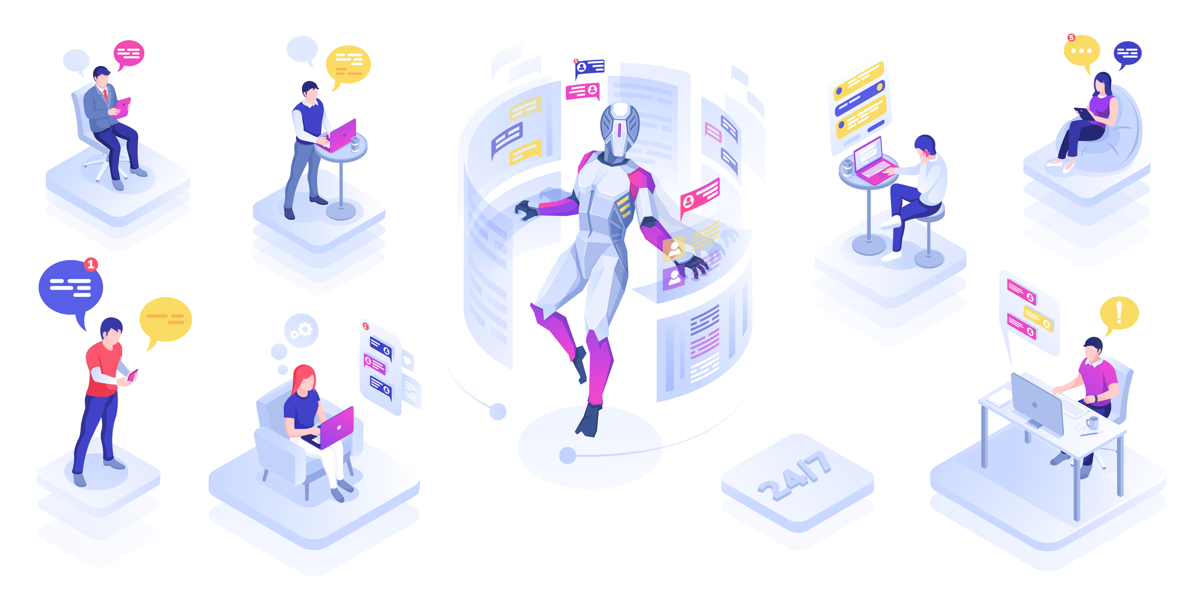 Chat robot or virtual assistant helping users. Chatbot or support bot message people. AI operating. Sign design artificial intelligence conversation or online assistance. Chatterbot, speech bubble